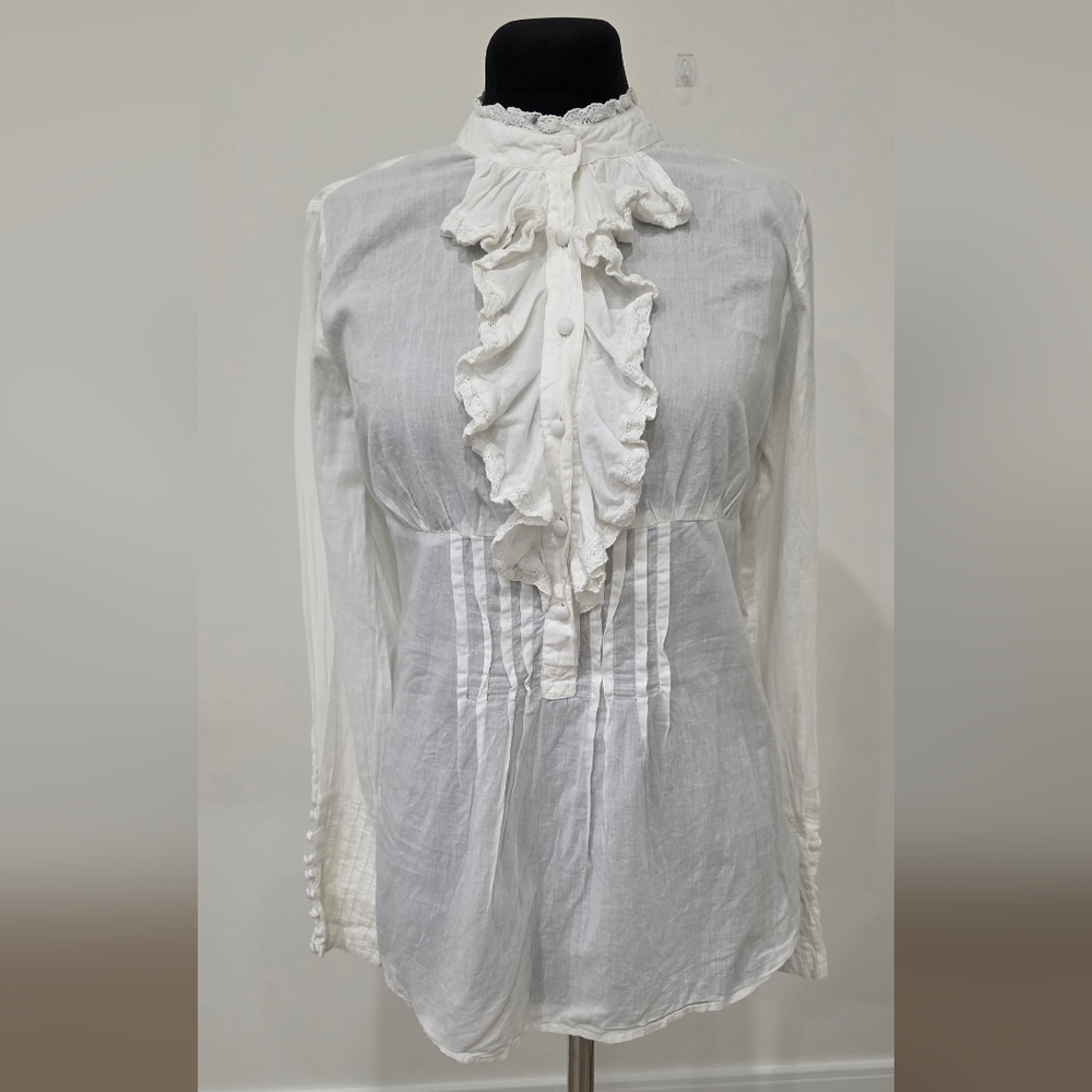 NWOT Stradivarius White Ruffled Bib Collar Cotton Peasant Blouse M